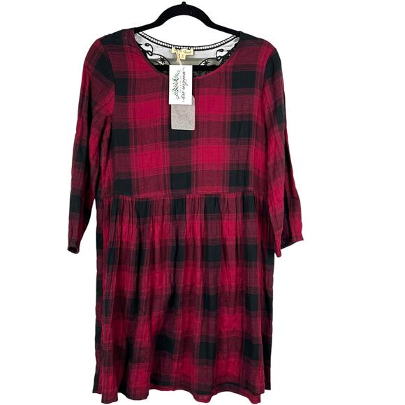 HEM & THREAD Maroon and Black Buffalo Plaid Dress Back Lace Inset  S NWT - Picture 2 of 7